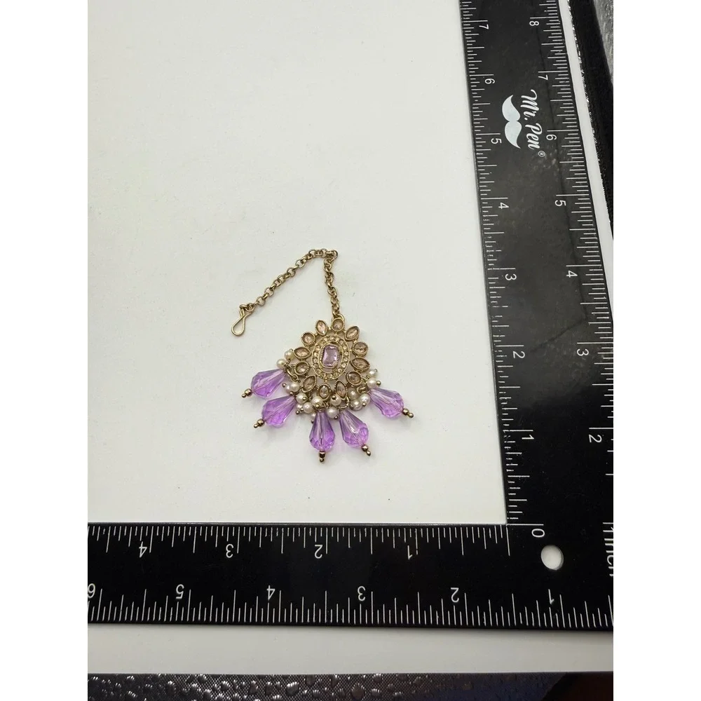 Gold Tone‎ Purple Maang Tikka Indian Hair Jewelry Rhinestone Pearl Headpiece